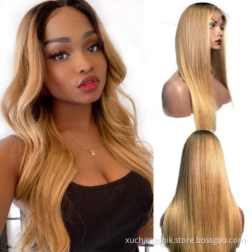 Ombre 1b/27# Long Body Wave Brown T Part Transparent Lace Highlighted Human Hair Wigs 10a Highlight Body Wave Lace Front Wigs